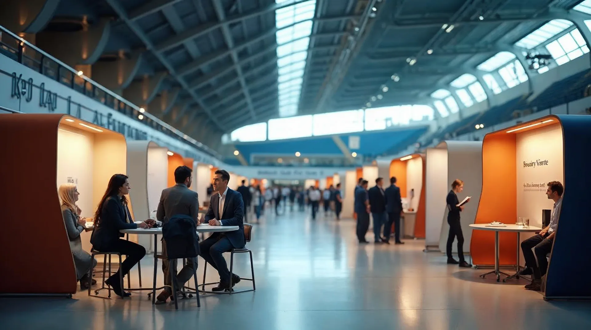 Recruiting-Stände mit schlichten Roll-ups und Stehtischen in einer hellen Arena – Menschen im Gespräch bei einer Jobmesse