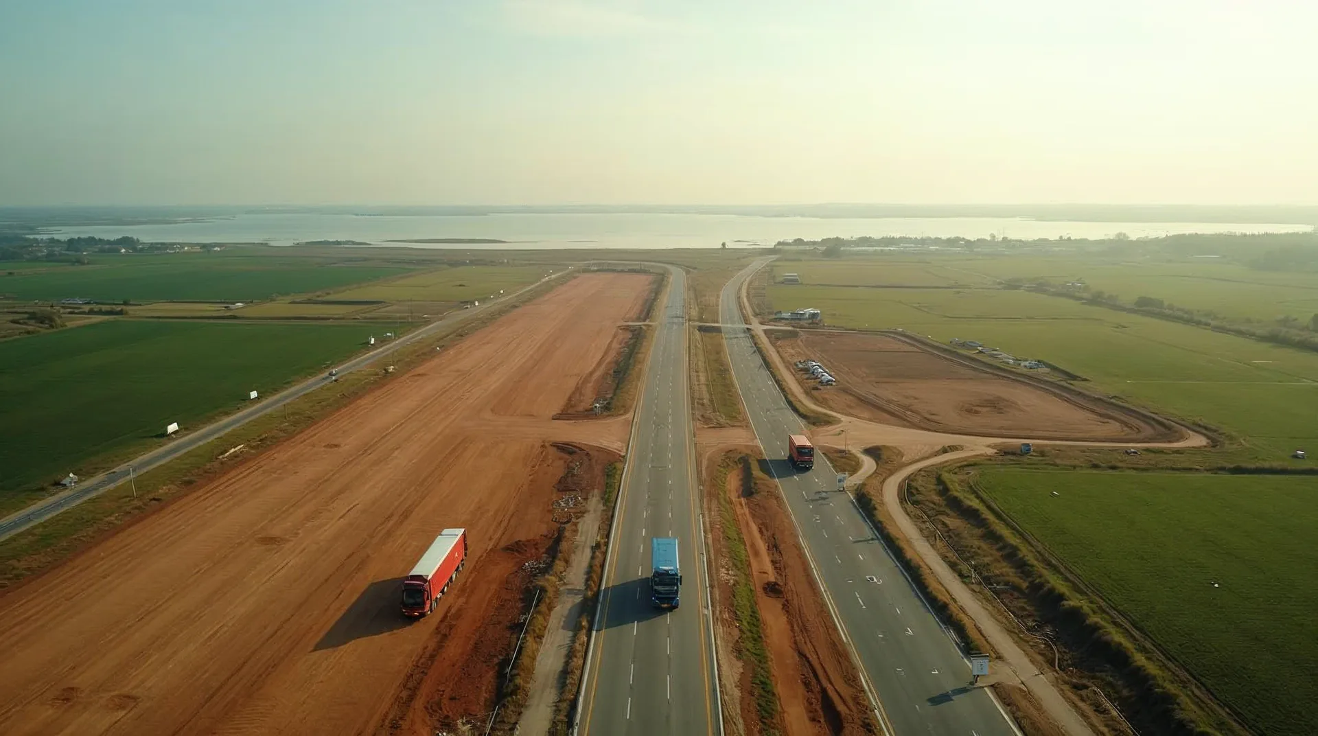 Luftaufnahme einer weiten, vorbereiteten Industriefläche in Norddeutschland mit neuer Zufahrtsstraße und Autobahnanschluss am Horizont