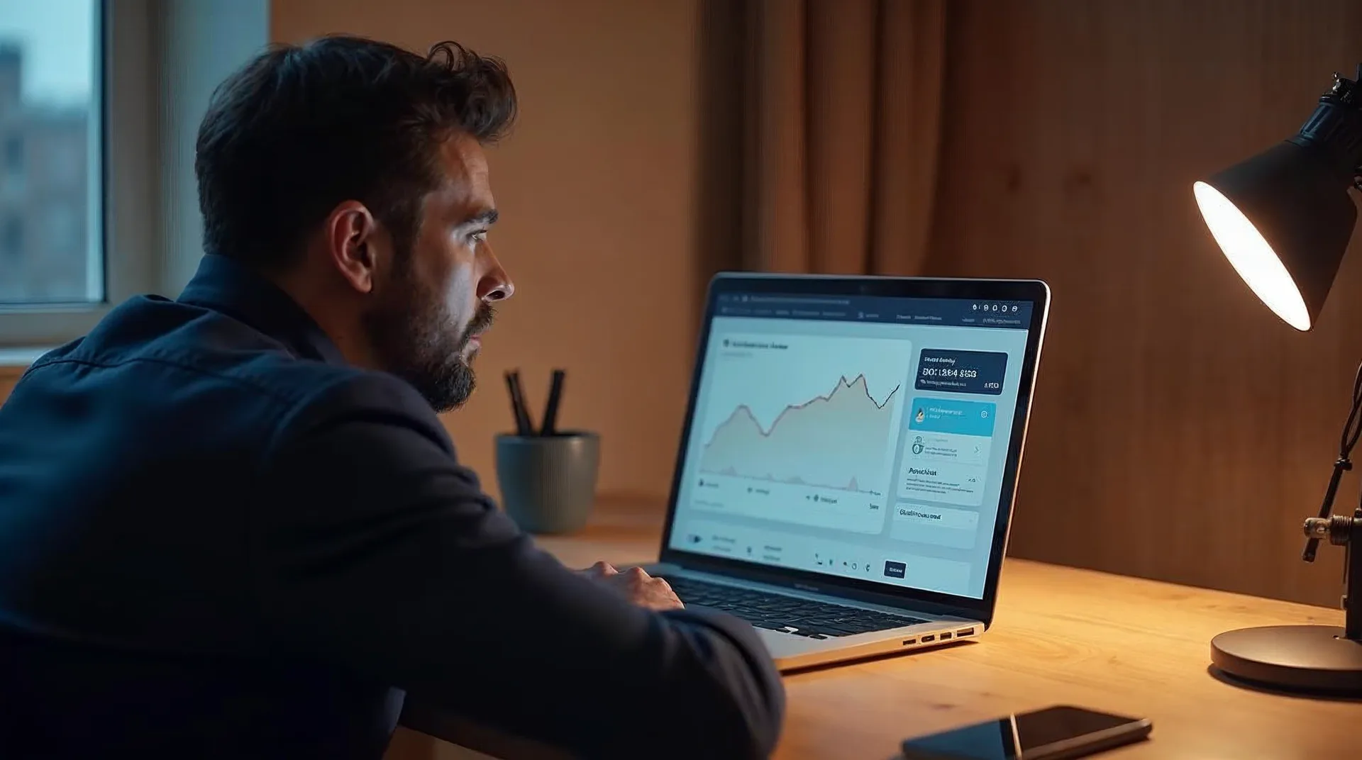 Unternehmer am Schreibtisch blickt auf ein ruhiges Analyse-Dashboard mit fallender Klickkurve und einer KI-Antwort-Box über dem Suchergebnis
