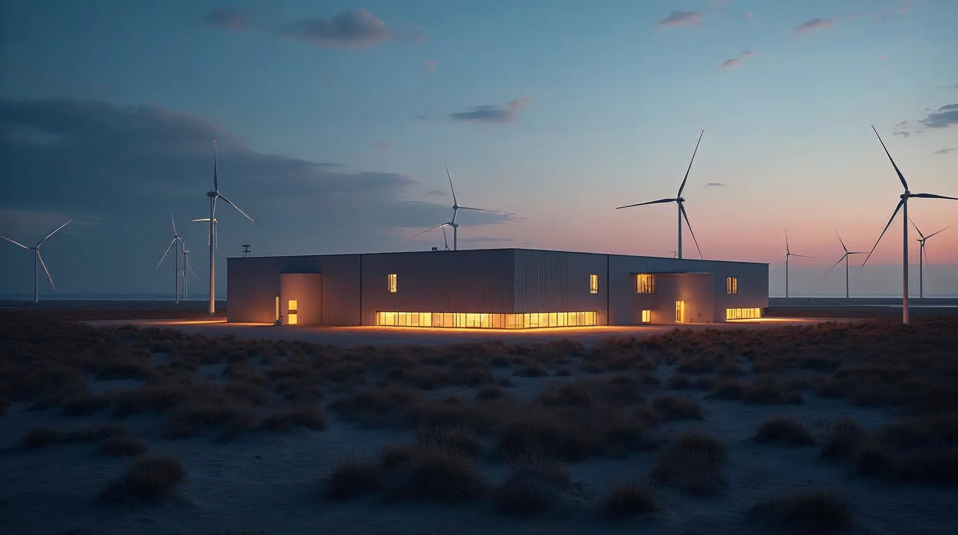 Modernes Rechenzentrum in der Abenddämmerung auf einer Küstenebene bei Rostock, im Hintergrund Windräder als Sinnbild für Windstrom vor Ort