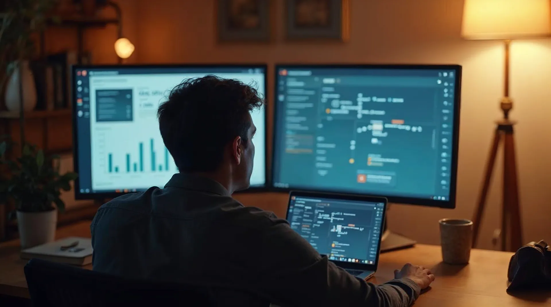 Unternehmer am warmen Schreibtisch blickt auf Laptop und einen zweiten Bildschirm mit abstrakten, verbundenen Dashboard-Flächen – Sinnbild für ein System aus digitalen Mitarbeitern, das Reputation, PR, Content und E-Mail zusammenführt