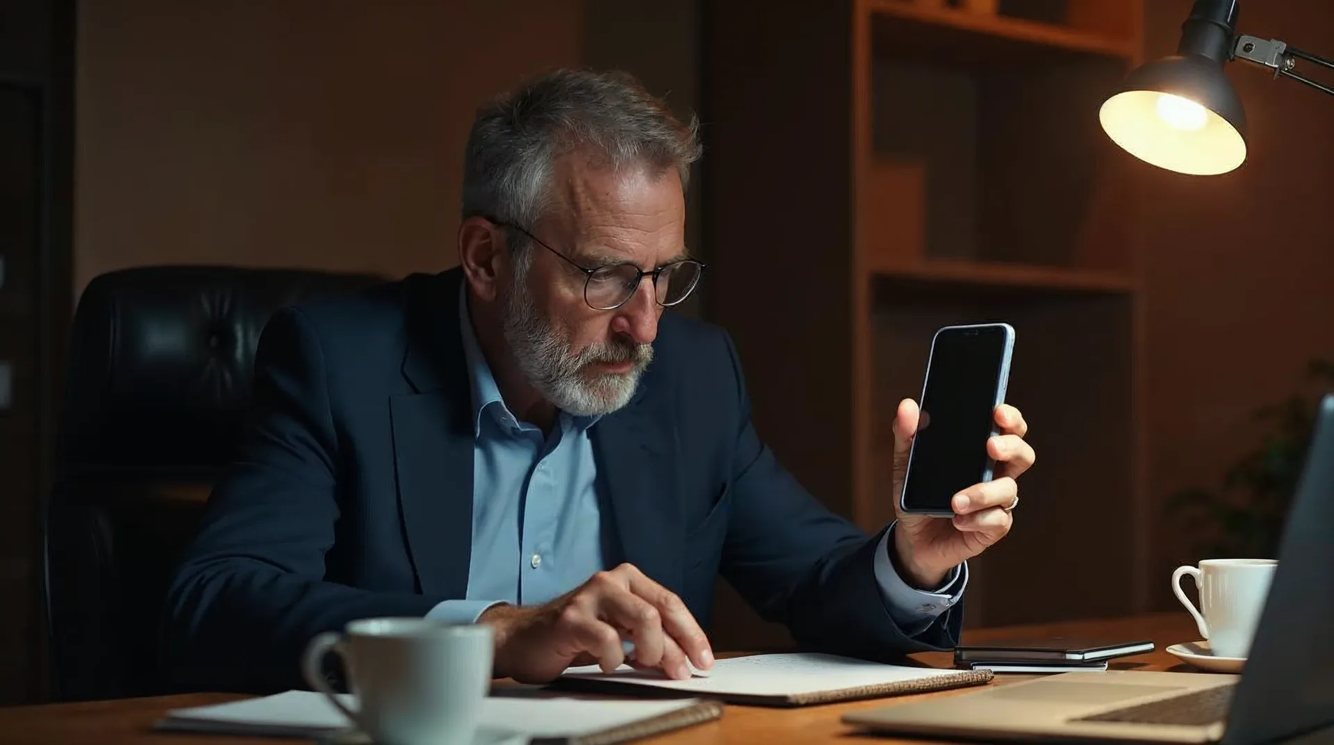 Unternehmer an einem warm beleuchteten Schreibtisch betrachtet nachdenklich ein neues Premium-Smartphone mit dunklem Display – Sinnbild für ein KI-Versprechen, das noch nicht nutzbar ist