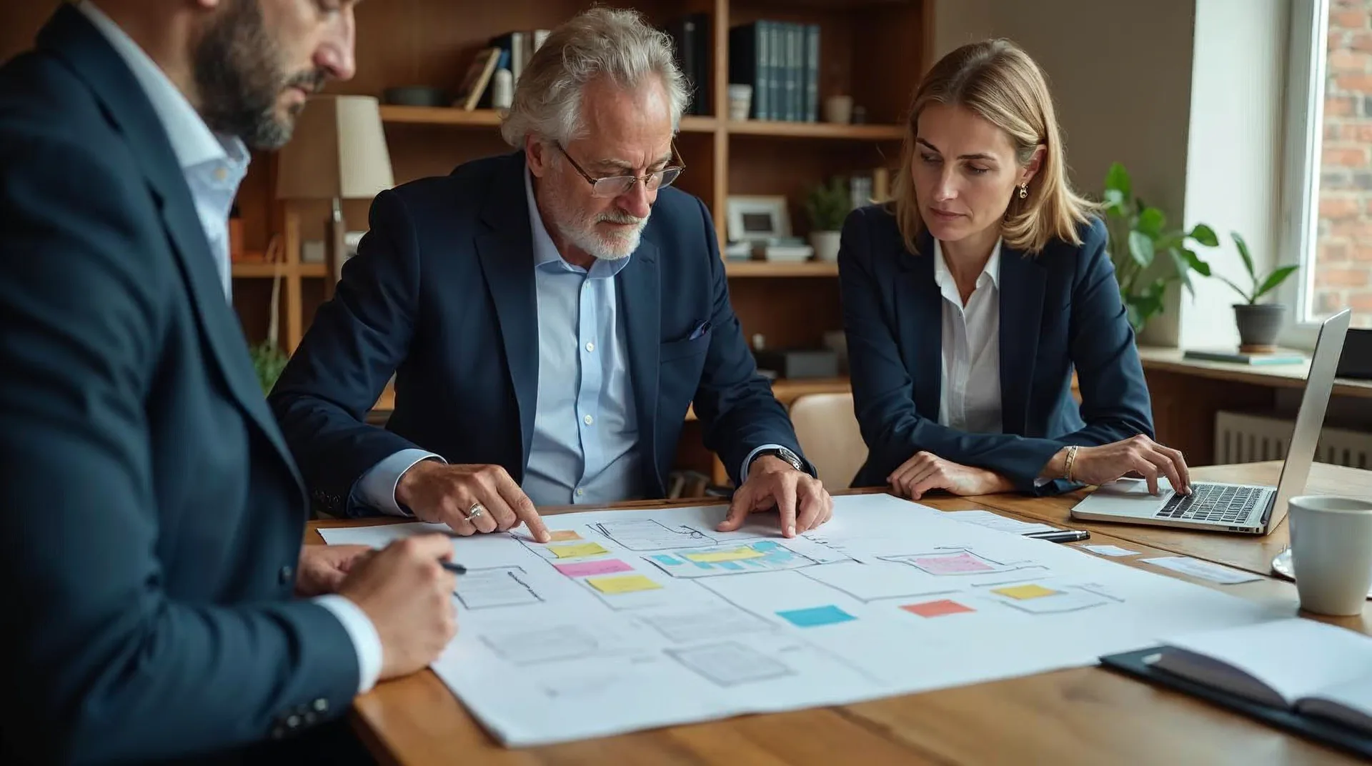 Geschäftsführer und Digitalberaterin arbeiten an einem Holztisch an einer handgezeichneten Prozesskarte mit Klebezetteln – die Strategie- und Konzeptionsphase vor einem KI-Projekt