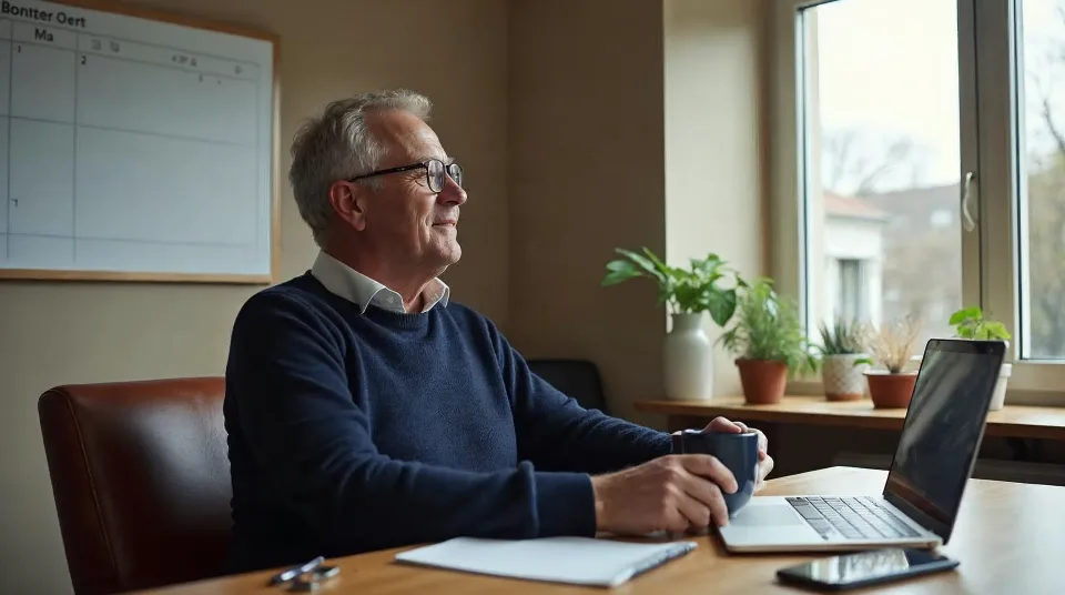 Unternehmerin und Berater besprechen in einem Backsteinbüro eine handgezeichnete Prozessskizze, im Fenster unscharf Schilf, ein Holzsteg und ein Bodden zur blauen Stunde – Sinnbild für eine KI-Beratung in Vorpommern