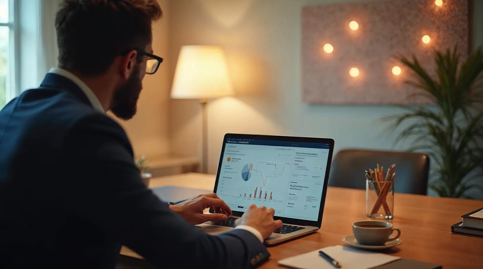 Unternehmer prüft an einem warmen Schreibtisch Datenschutzunterlagen neben einem Laptop, im Hintergrund verbinden sich mehrere Knotenpunkte zu einem – Sinnbild für eine gebündelte Datenschutzaufsicht