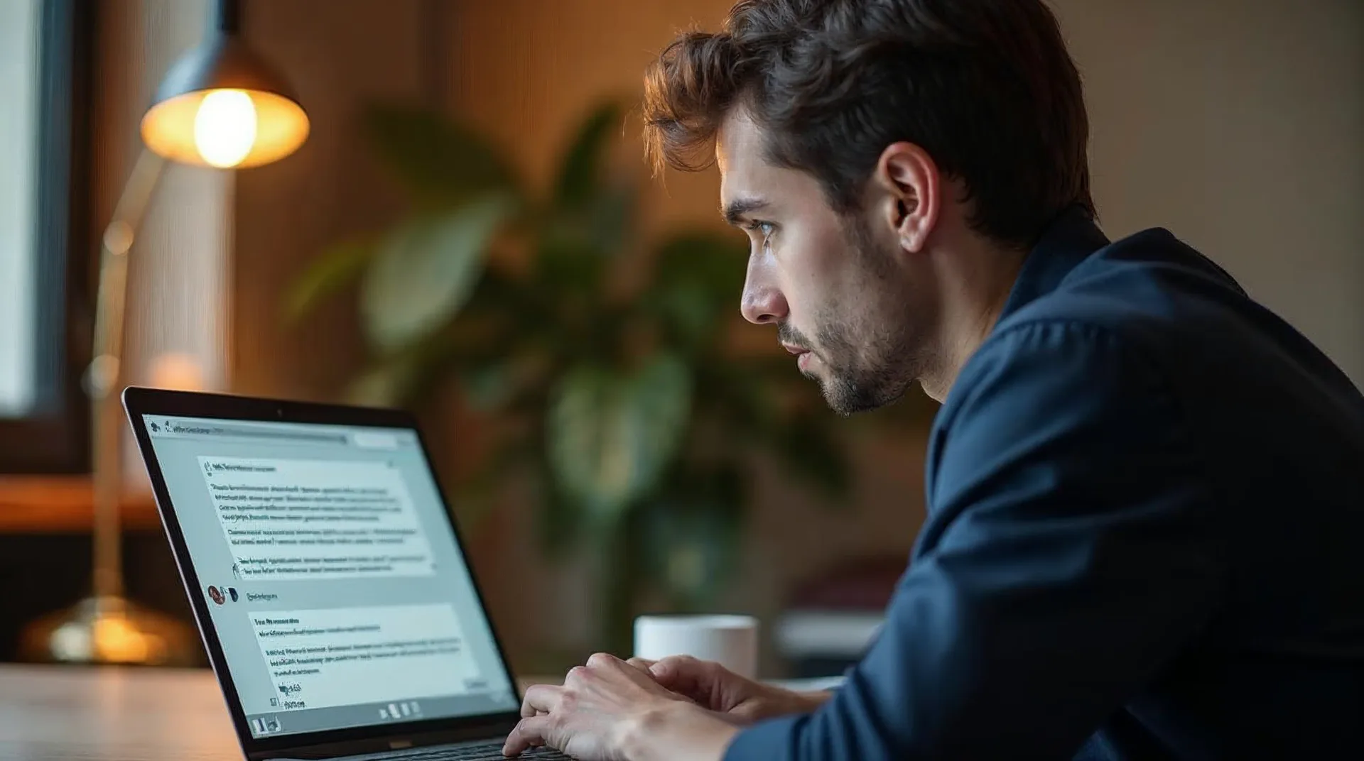 Mitarbeiter am Schreibtisch kopiert Text aus einem Dokument in einen KI-Chat-Assistenten auf dem Laptop – mit nachdenklich-unsicherem Blick, ob das im Betrieb erlaubt ist