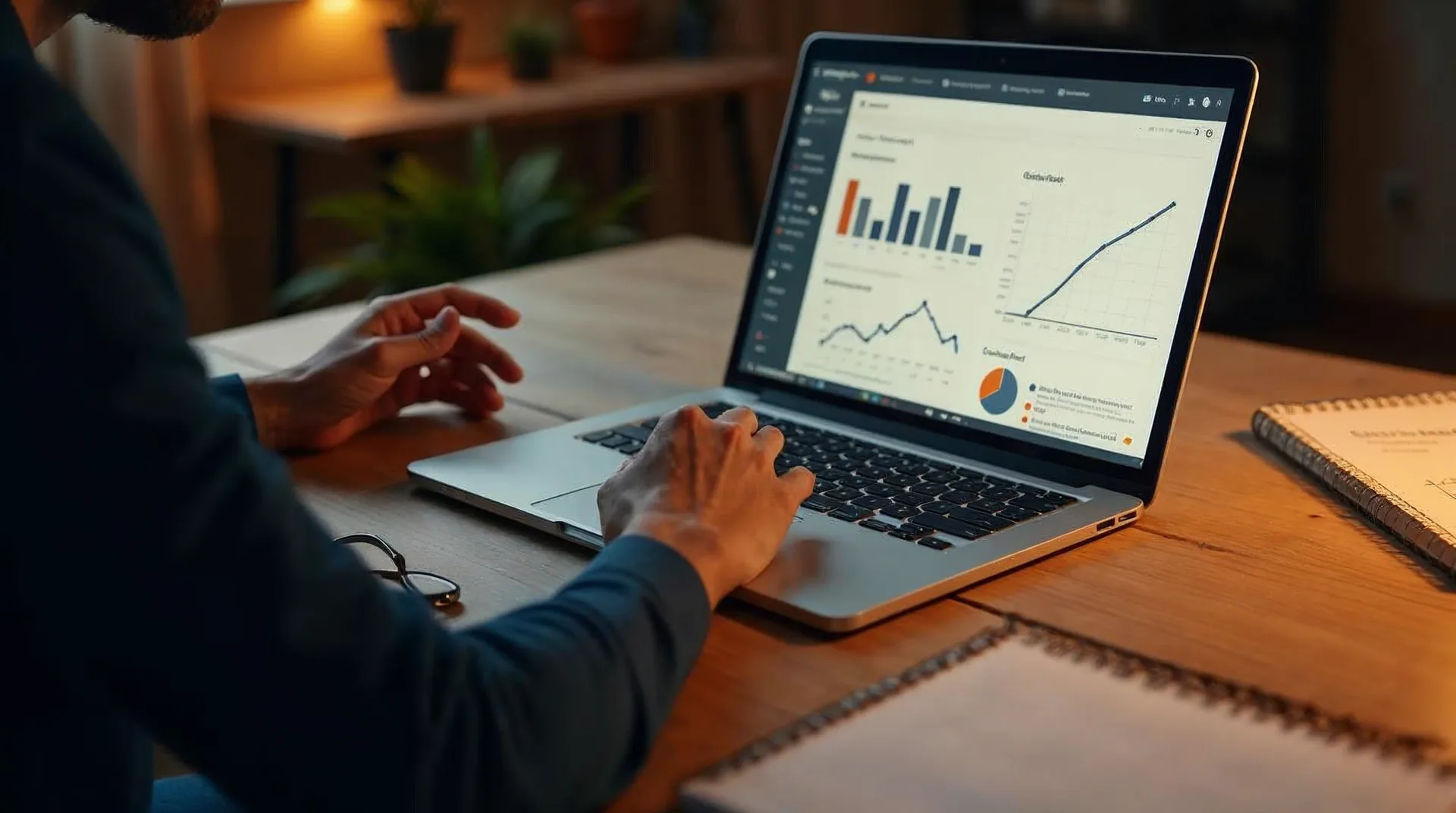 Unternehmer und Marketingstratege prüfen an einem warmen Schreibtisch einen Content-Plan mit ruhiger Redaktionsübersicht und ansteigender Wirkungskurve auf dem Laptop