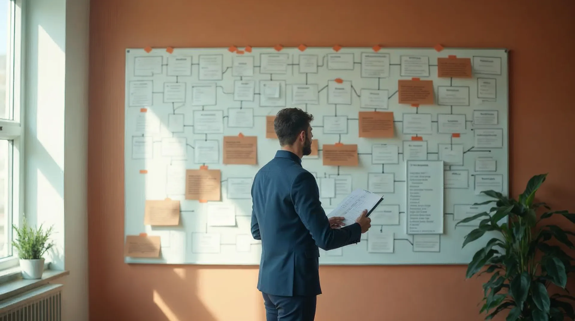 Unternehmer ordnet an einer Planungswand einen Schritt-für-Schritt-Fahrplan von den Grundlagen über Prozesse bis zur KI