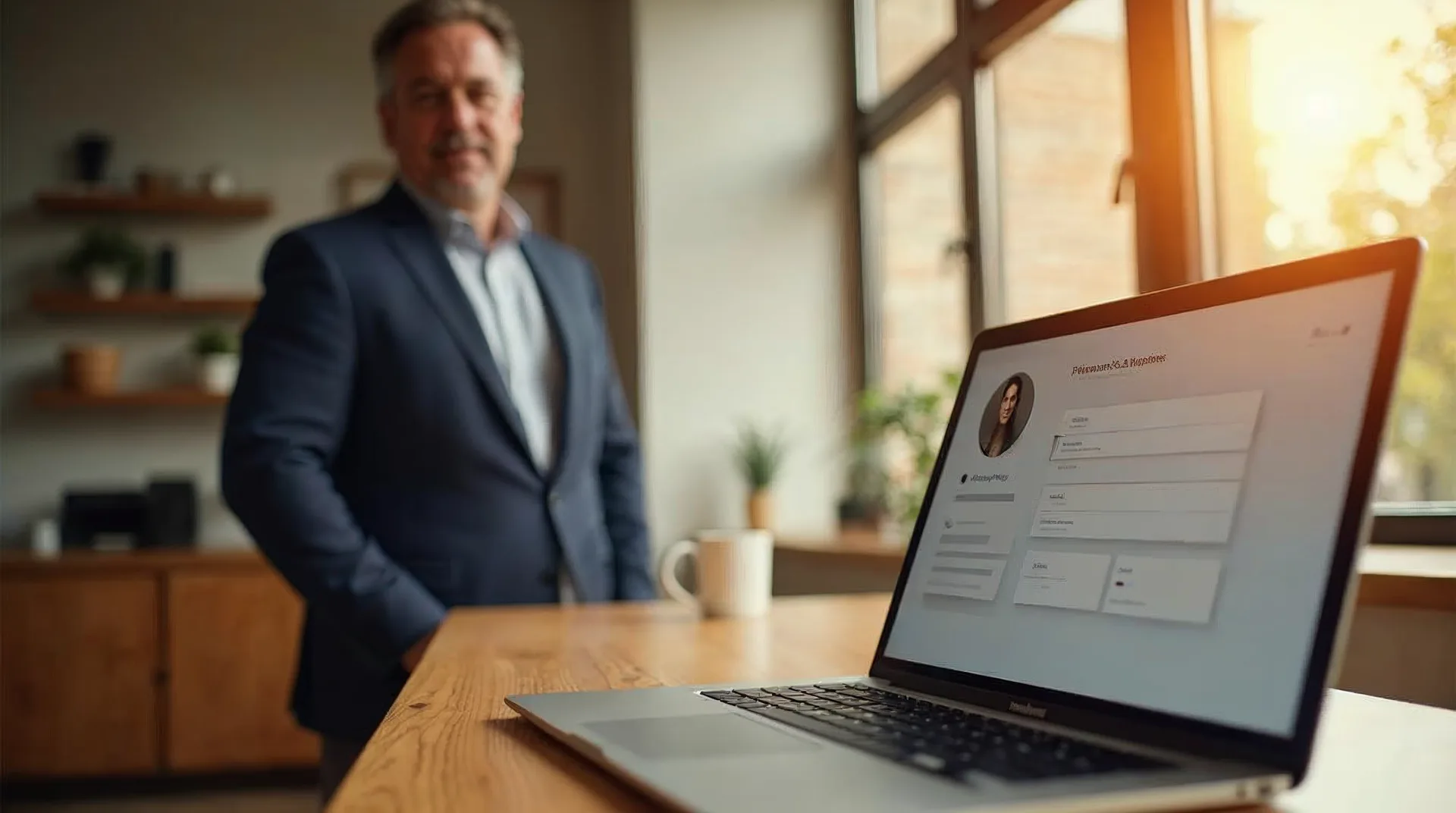 Unternehmer steht im warmen Morgenlicht neben einem Holzschreibtisch und wendet sich offen der Kamera zu, auf dem Laptop eine ruhige, abstrakte Profil- und Netzwerkoberfläche – Sinnbild für eine Personenmarke als Türöffner