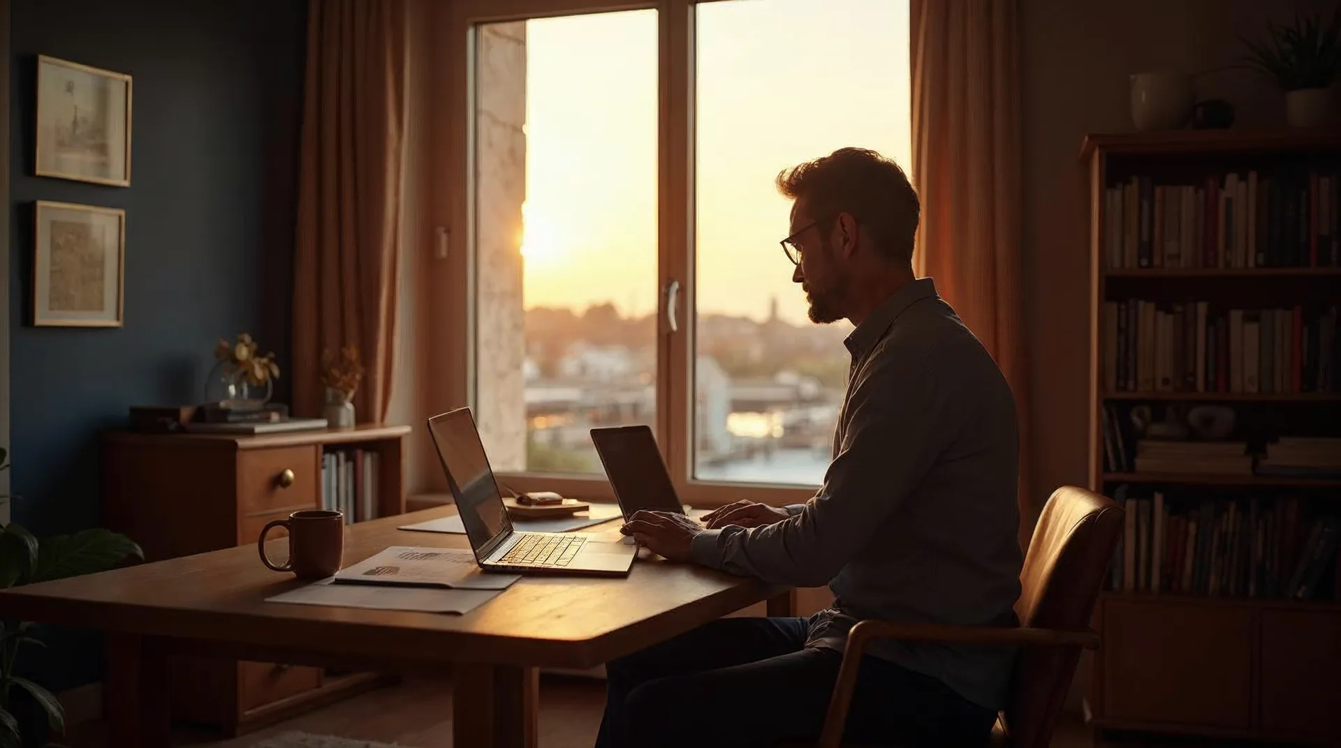 Nachdenklicher Unternehmer schließt am Abend im ruhigen Büro seinen Laptop und wendet sich dem warmen Licht am Fenster zu – Sinnbild für zurückgewonnene Zeit durch künstliche Intelligenz