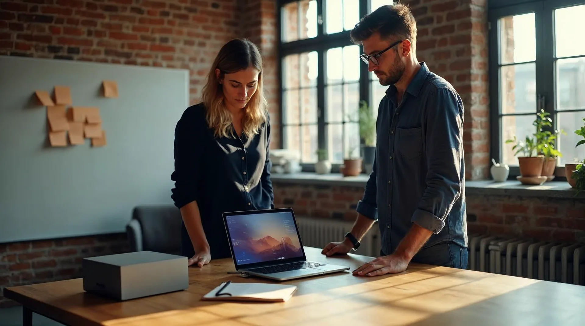 Gründerin und Softwareentwickler prüfen in einem Büro in einem alten Backstein-Speicher einen Prototyp aus Laptop, Tablet und kleinem Edge-Rechner – Sinnbild für die Entwicklung eines digitalen Produkts bis zur Marktreife