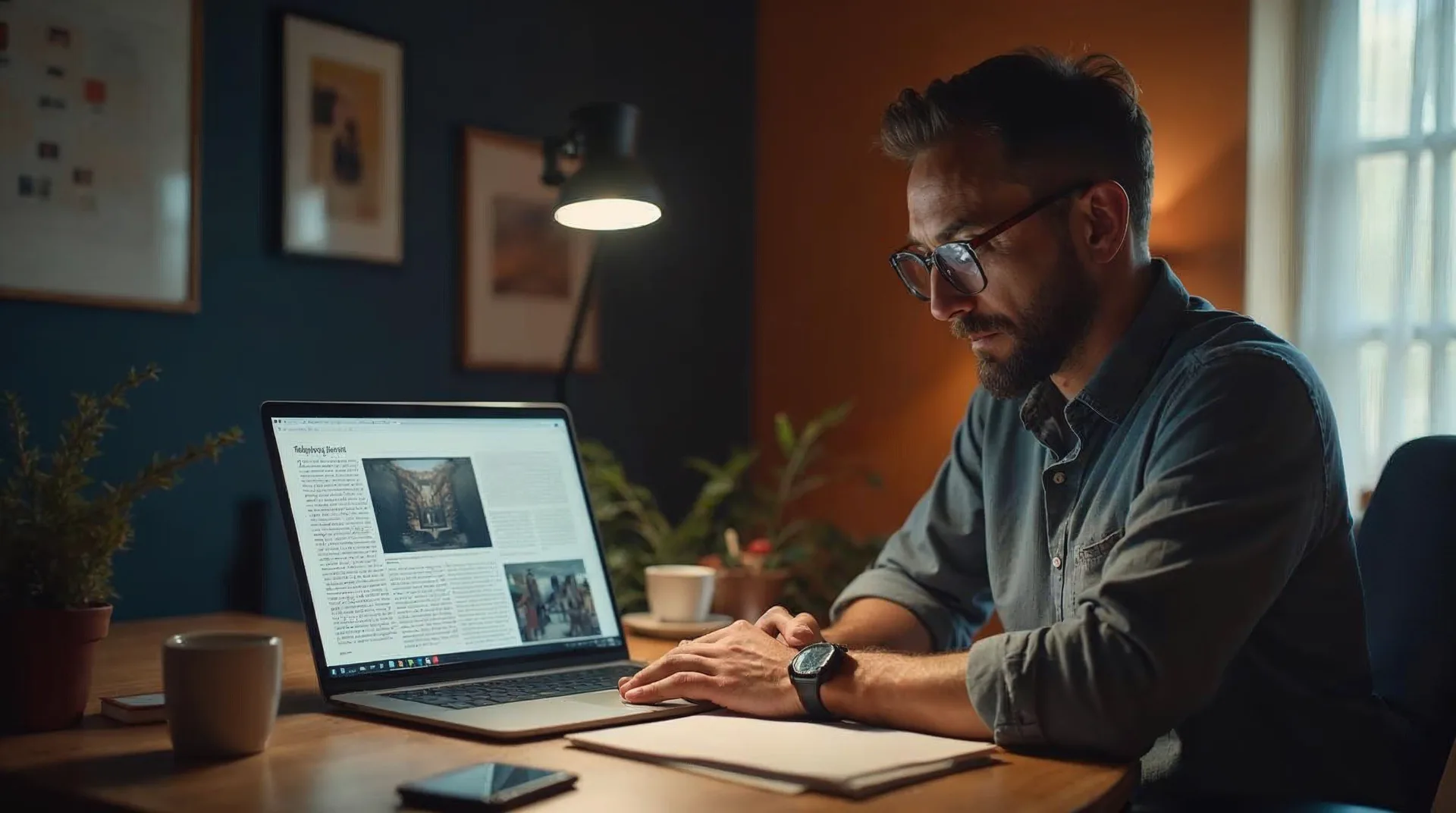 Unternehmer bereitet an einem warmen Schreibtisch eine Pressegeschichte vor – Laptop mit ruhigem Artikel-Layout, Notizblock und Smartphone im weichen Morgenlicht