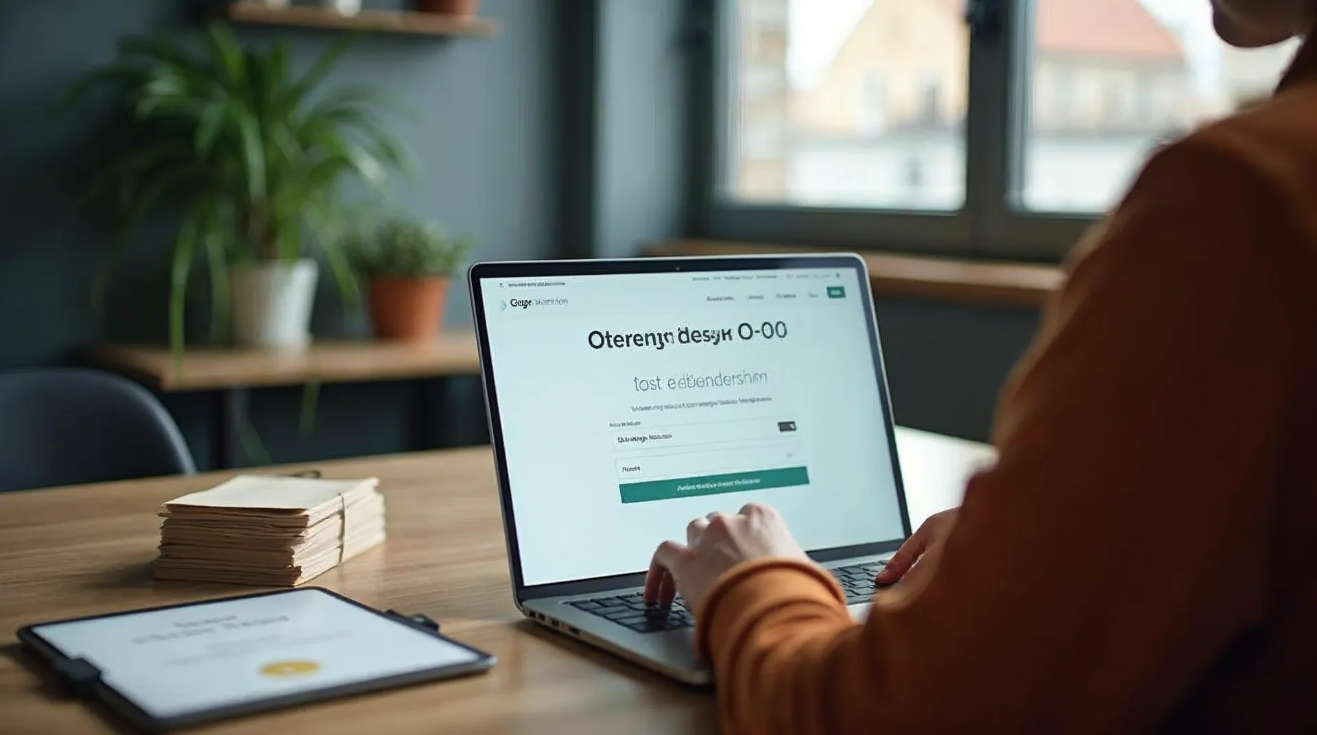 Unternehmer am Schreibtisch reicht einen Förderantrag über ein digitales Portal am Laptop ein, ein Stapel Papierformulare liegt beiseitegeschoben
