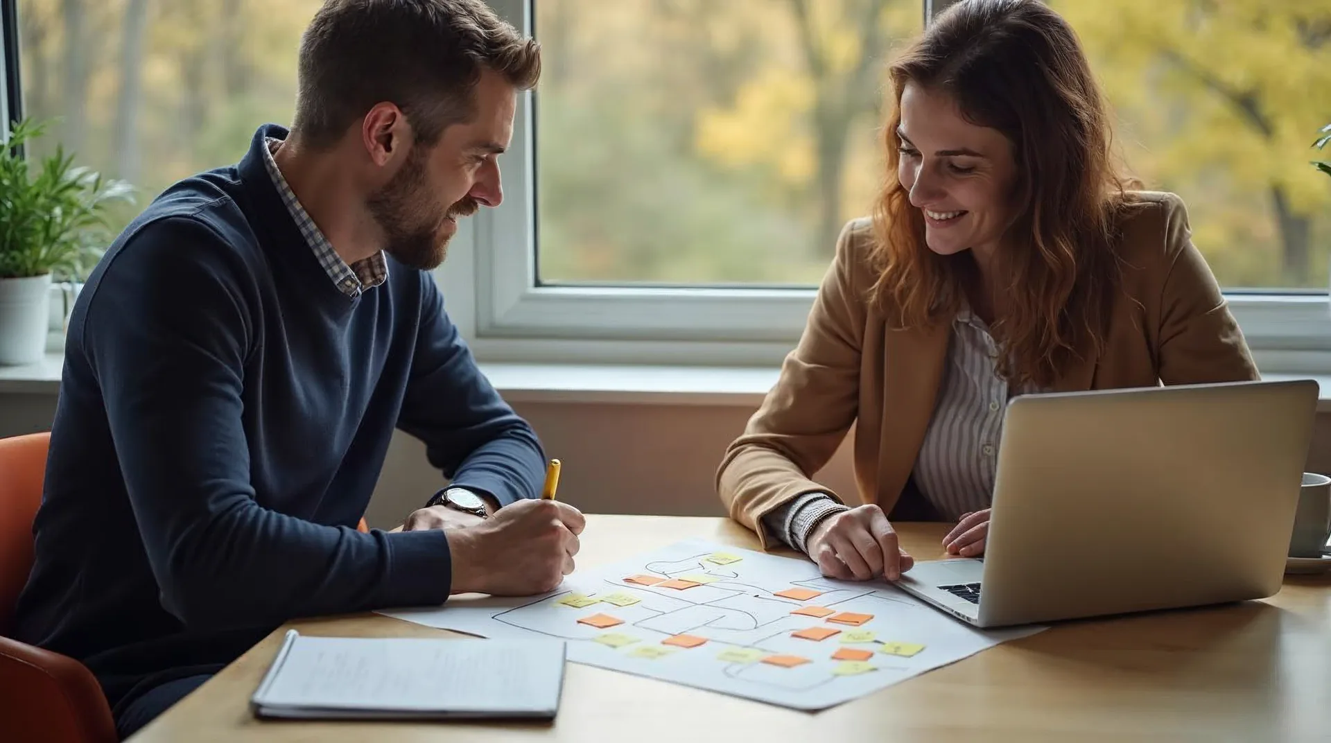 Digitalisierungs-Experte und Unternehmer arbeiten an einem warmen Holztisch in einem hellen Büro an einer Prozesskarte mit Notizen, Laptop und Förderunterlagen – Sinnbild für greifbare Digitalisierung in Schwerin