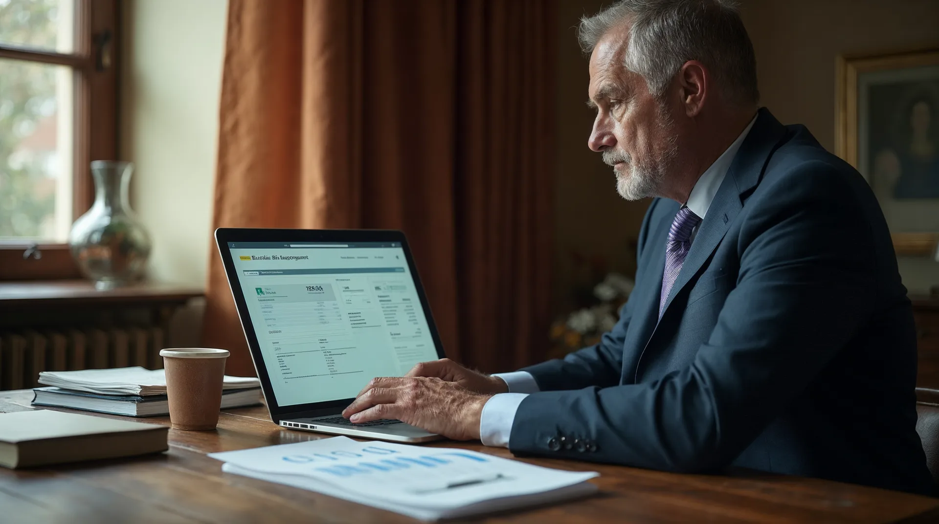 Unternehmer am Holzschreibtisch prüft auf dem Laptop eine strukturierte digitale Rechnung, daneben ein Stapel Papierrechnungen als Kontrast