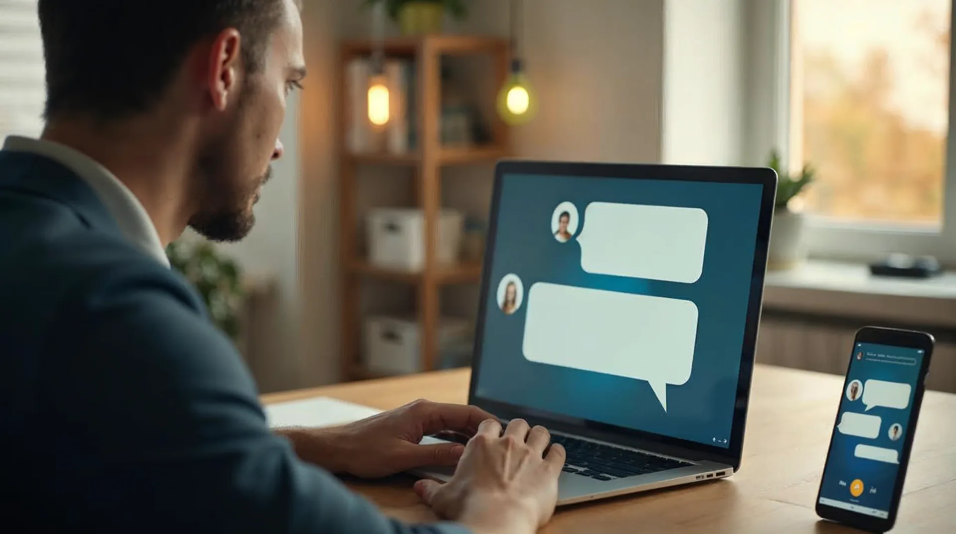 Unternehmer betrachtet an einem warmen Schreibtisch einen Laptop mit einer Kunden-Chat-Oberfläche und einem kleinen Assistenten-Marker – Sinnbild für die Kennzeichnungspflicht bei KI-Interaktionen