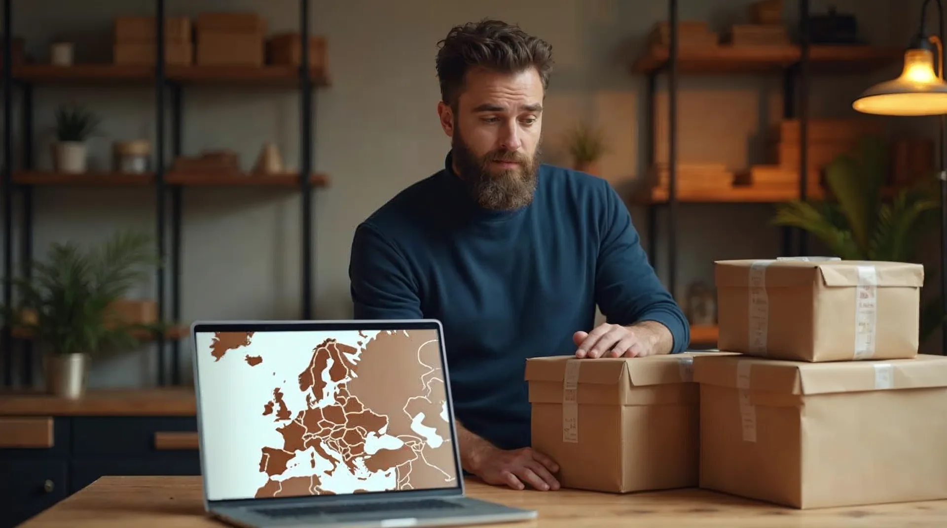 Online-Händler steht nachdenklich an einem warmen Packtisch mit versandfertigen Paketen und einem Laptop, der eine abstrakte Europakarte zeigt – Sinnbild für die Frage, ob der Auslandsversand weitergeht