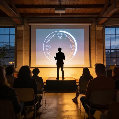 Vortrag vor Publikum in einem Loft, auf der Leinwand eine Uhr