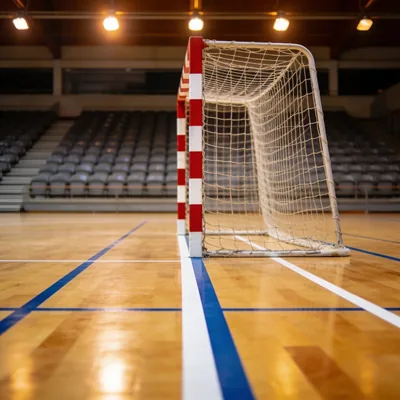 Leere Handballhalle mit Tor und Spielfeld im Scheinwerferlicht