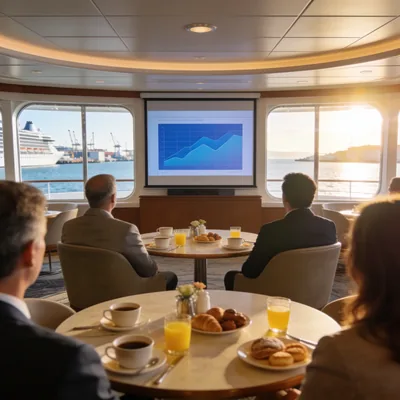 Business-Frühstück an Bord eines Schiffes mit Blick auf den Hafen, vorn ein Tisch mit Kaffee und Gebäck