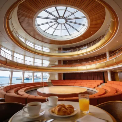 Runde Arena über drei Decks an Bord eines Kreuzfahrtschiffs mit Glaskuppel und korallfarbenen Sitzbänken, vorn ein Frühstückstisch mit Kaffee und Croissants