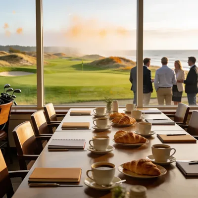 Gedeckter Frühstückstisch im Clubhaus mit Blick auf einen Golfplatz an der Ostsee