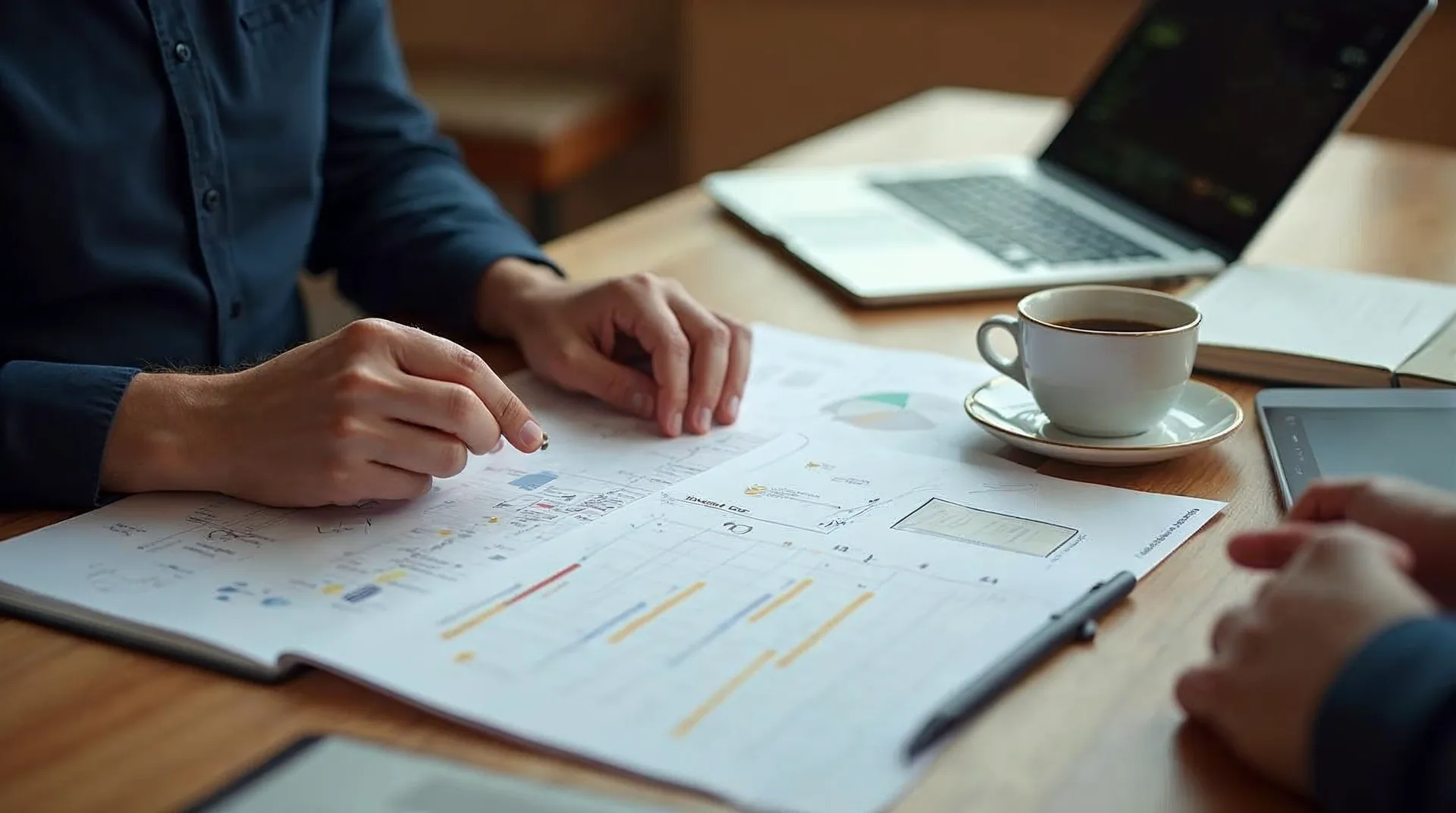 Unternehmer und Digitalberater ordnen an einem Schreibtisch mit Förderunterlagen, Tablet und einer Roadmap-Skizze zu, welcher Zuschuss zu welchem KI-Schritt passt
