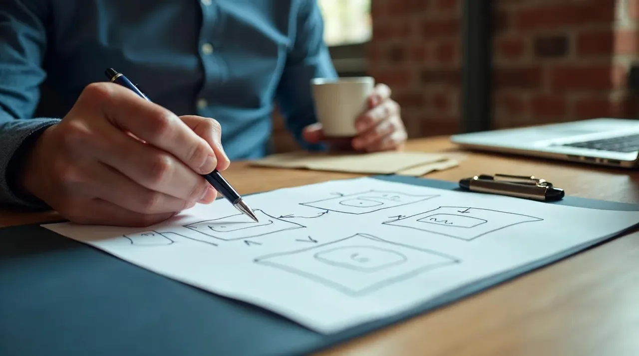 Unternehmer arbeitet am Eichenschreibtisch an einer ausgedruckten Projektskizze mit skizziertem Prozessablauf, daneben Angebote in Umschlägen und eine Mappe mit Terracotta-Klammer – Sinnbild für einen sauber beschriebenen Förderantrag für Digitalisierung und KI