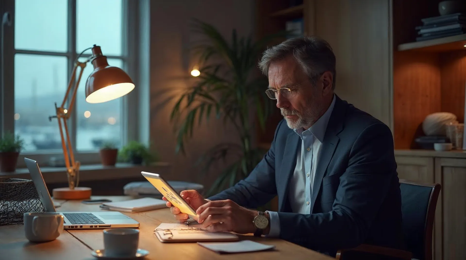 Unternehmer sitzt in einem ruhigen Büro an einem Holzschreibtisch und blickt auf ein Tablet mit einer durchgehend abgeschlossenen Prozesslinie, daneben ein leerer Briefablagekorb – Sinnbild für ein Förderverfahren, das vom Antrag bis zum Bescheid digital läuft