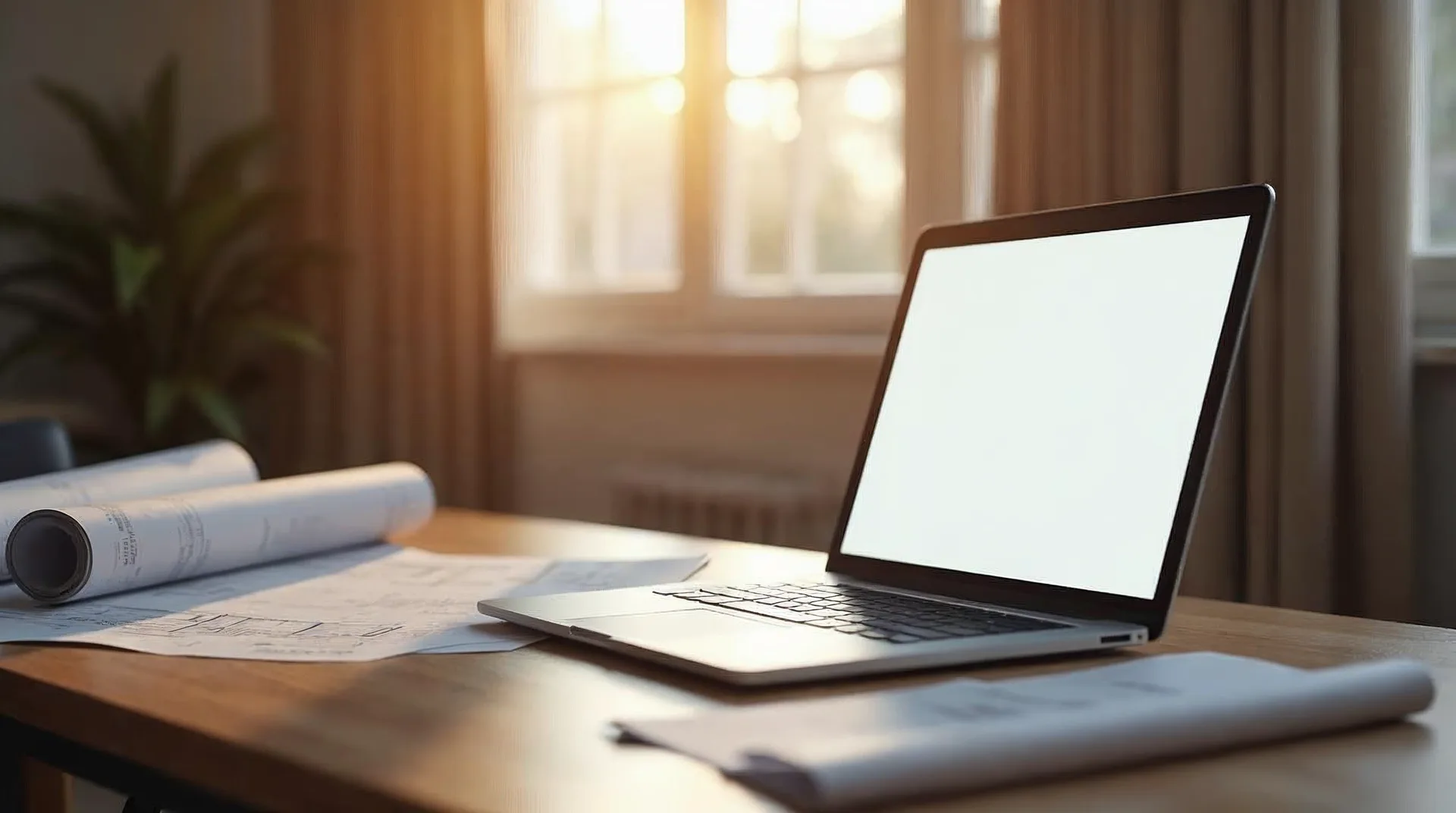 Planerin reicht an einem warmen Schreibtisch einen Förderantrag digital am Laptop ein, daneben zusammengerollte Baupläne und ein beiseitegeschobener Stapel Papierformulare