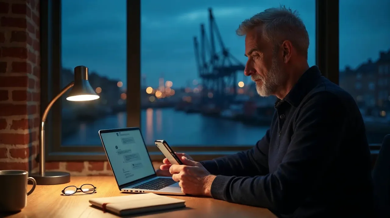 Einkaufsleiter in einem Backstein-Büro am Hafen zur blauen Stunde blickt mit dem Smartphone in der Hand auf eine KI-Chat-Oberfläche am Laptop – Sinnbild für Anbietersuche per KI