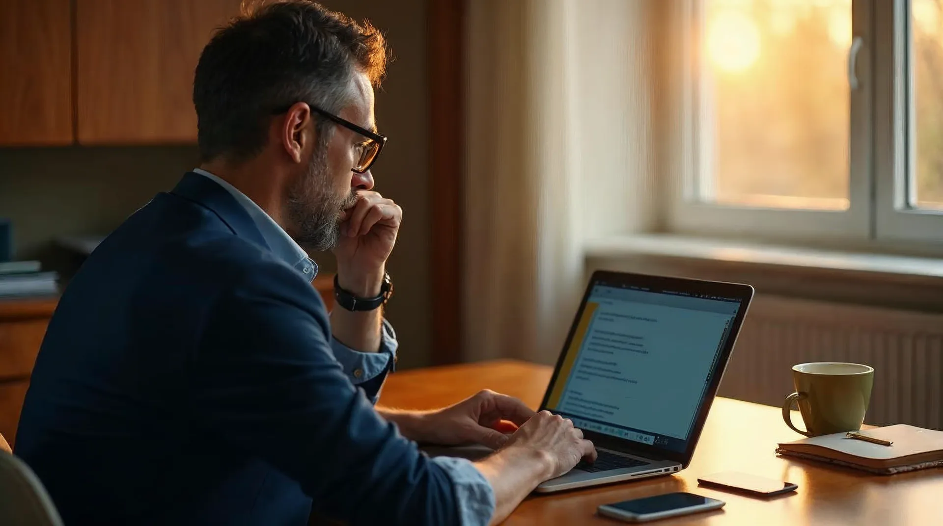 Unternehmer liest im warmen Morgenlicht an einem Holzschreibtisch eine persönliche E-Mail am Laptop – Sinnbild für eine E-Mail-Strecke, die über Wochen Beziehung aufbaut