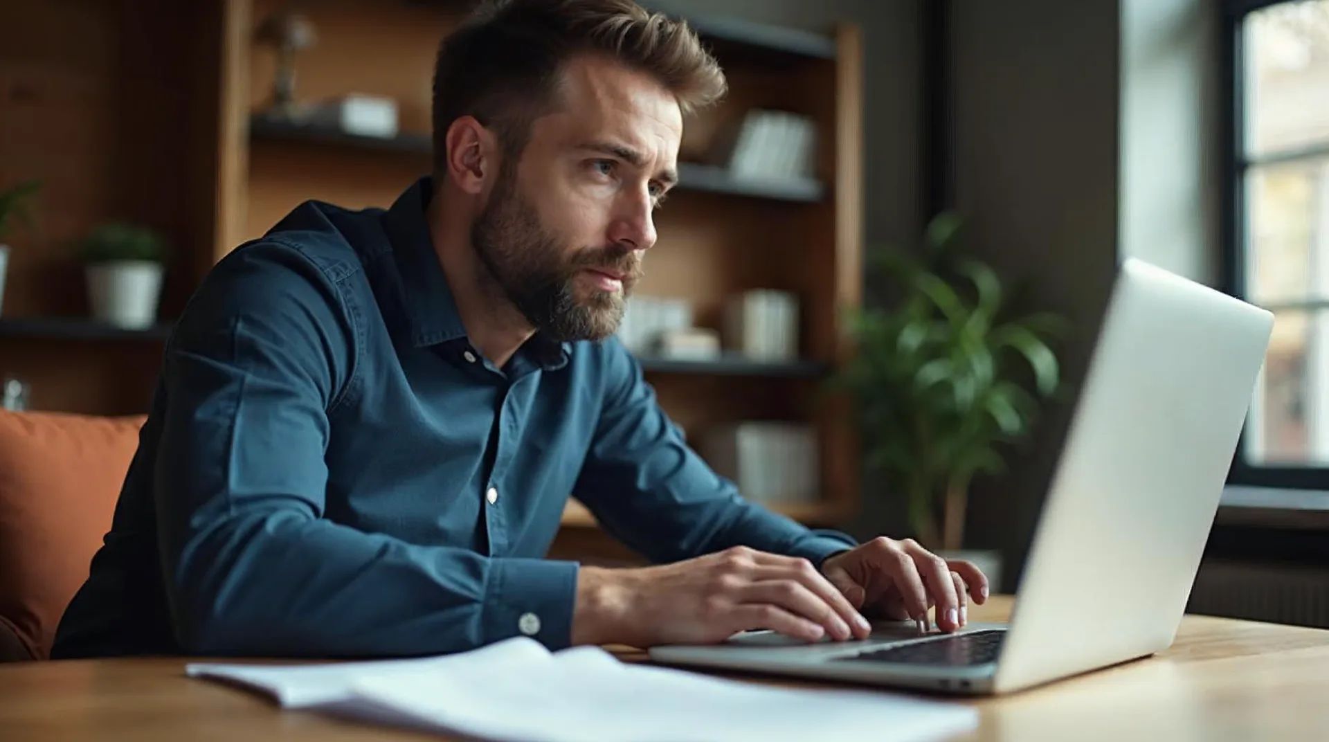 Unternehmer prüft am Schreibtisch kritisch eine KI-Antwort auf dem Laptop und gleicht sie mit seinen eigenen Unterlagen und Notizen ab