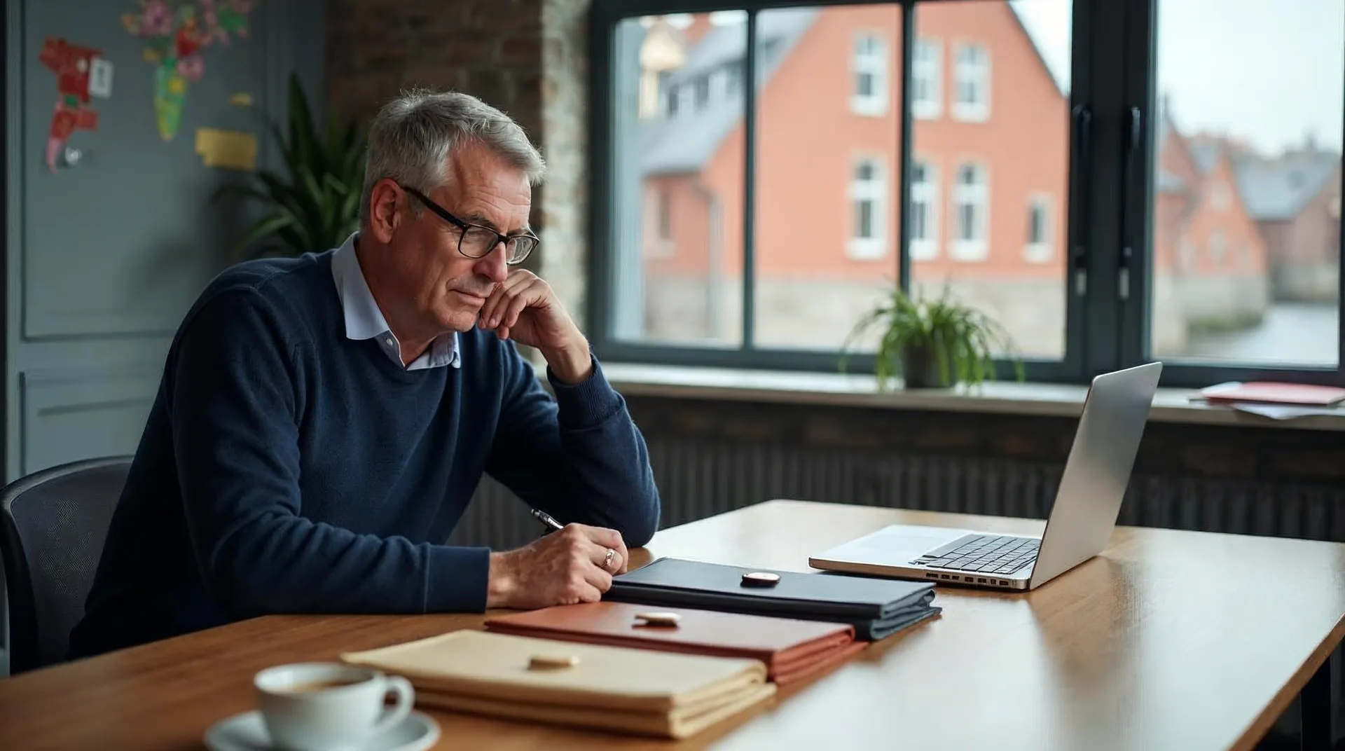 Geschäftsführer sitzt an einem langen Eichentisch und vergleicht vier verschlossene Angebotsmappen in Navy, Sand, Terracotta und Grau – Sinnbild für die Wahl zwischen KI-Agentur, KI-Berater, Freelancer und Software-Anbieter