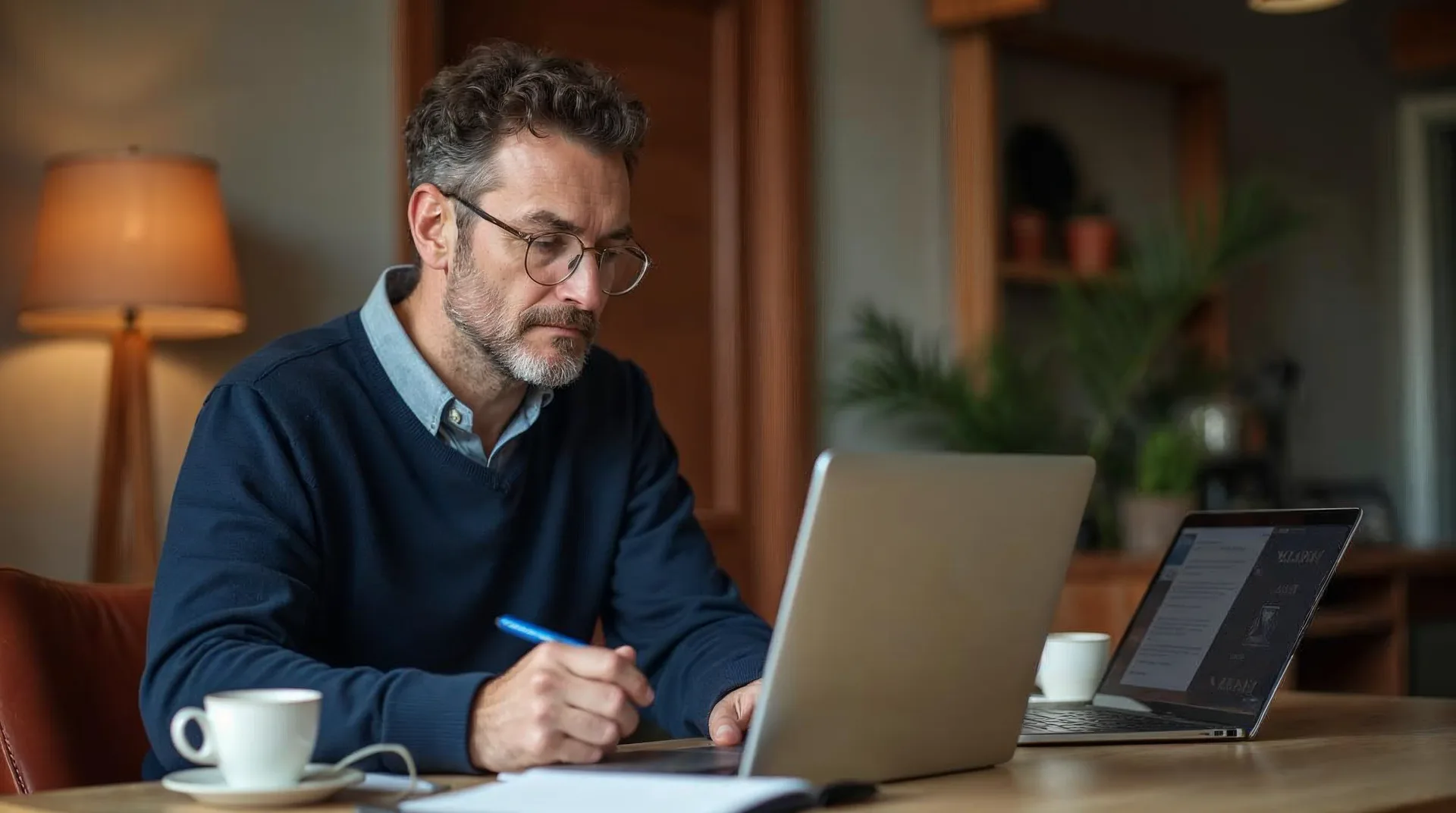 Unternehmer liest an einem warm beleuchteten Schreibtisch am frühen Morgen eine kuratierte KI-Nachrichtenübersicht auf Laptop und Tablet als Symbol für die wichtigsten KI-Meldungen der Woche