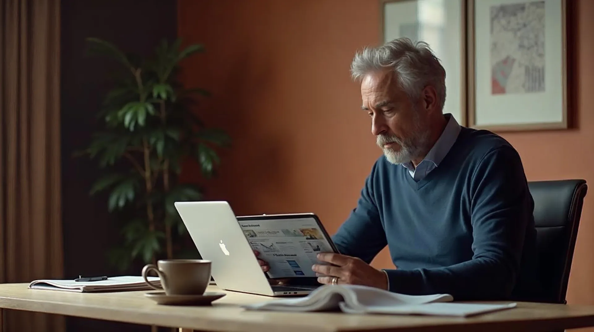 Unternehmer liest an einem warm beleuchteten Schreibtisch eine kuratierte KI-Nachrichtenübersicht auf Laptop und Tablet als Symbol für die wichtigsten KI-Meldungen der Woche