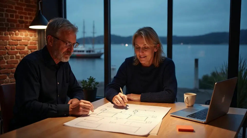 Geschäftsführerin eines mittelständischen Betriebs und ein Berater besprechen in einem Backsteinbüro am Wasser eine handgezeichnete Prozessskizze, im Fenster unscharf eine Förde mit Fähre und Segelmasten zur blauen Stunde – Sinnbild für eine KI-Beratung, die beim eigenen Ablauf beginnt
