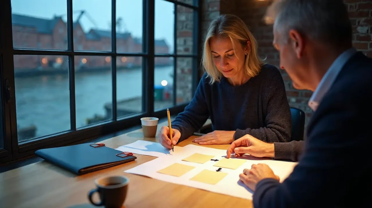 Inhaberin eines mittelständischen Betriebs und ein Berater sitzen in einem Backsteinbüro am Hafen an einem Eichentisch, sie zeigt mit dem Bleistift auf eine handgezeichnete Prozessskizze mit vier Spalten aus Klebezetteln, im Fenster dahinter unscharf Wasser, ein Speichergebäude und ein Hafenkran zur blauen Stunde – Sinnbild für eine KI-Beratung in vier Schritten