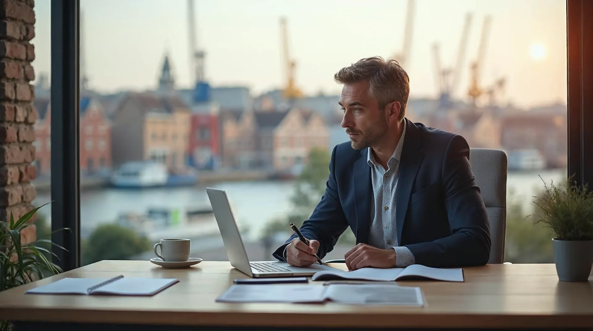 Unternehmer an einem hellen Schreibtisch in Rostock notiert Fragen zu KI und Digitalisierung neben einem Laptop