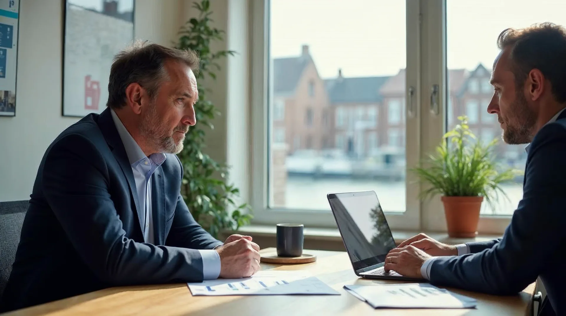 Digitalberater und Unternehmer im KI-Beratungsgespräch an einem Tisch in einem hellen Büro in Rostock