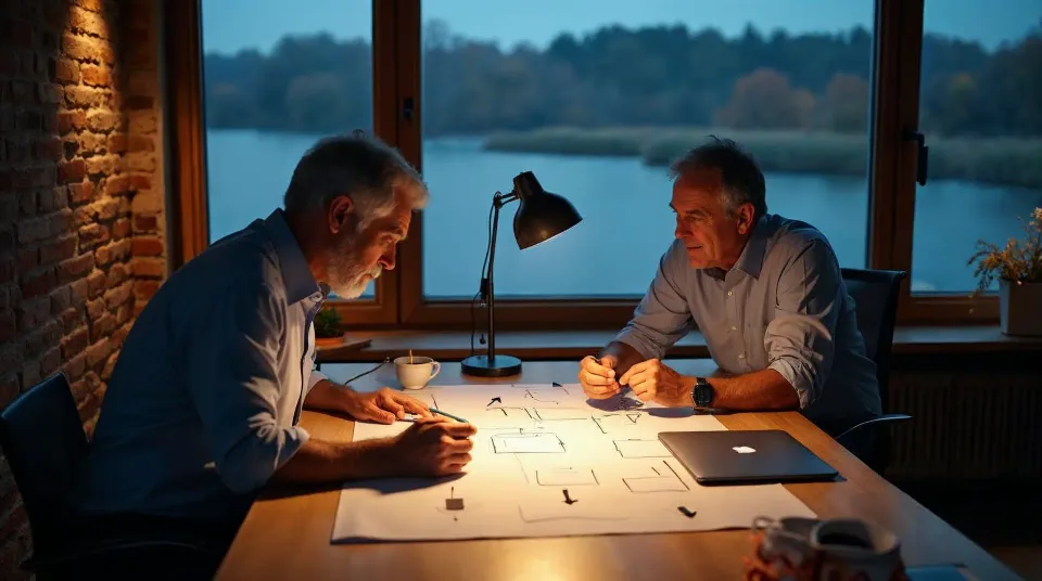 Unternehmer und Berater besprechen in einem Backsteinbüro an einem See eine handgezeichnete Prozessskizze, im Fenster unscharf Schilf und herbstliches Ufer zur blauen Stunde – Sinnbild für eine KI-Beratung, die beim wichtigsten Ablauf des Betriebs beginnt