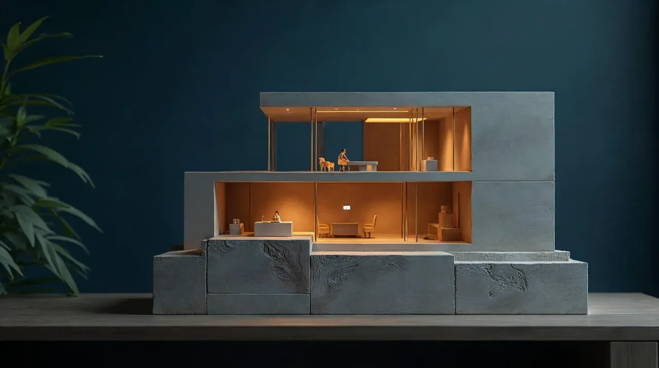 Vier Ebenen eines KI-Betriebssystems als Architekturmodell: Firmengehirn als Fundament, darüber Prozesse, KI-Stellen und oben der Arbeitsplatz mit Mensch und Bildschirm