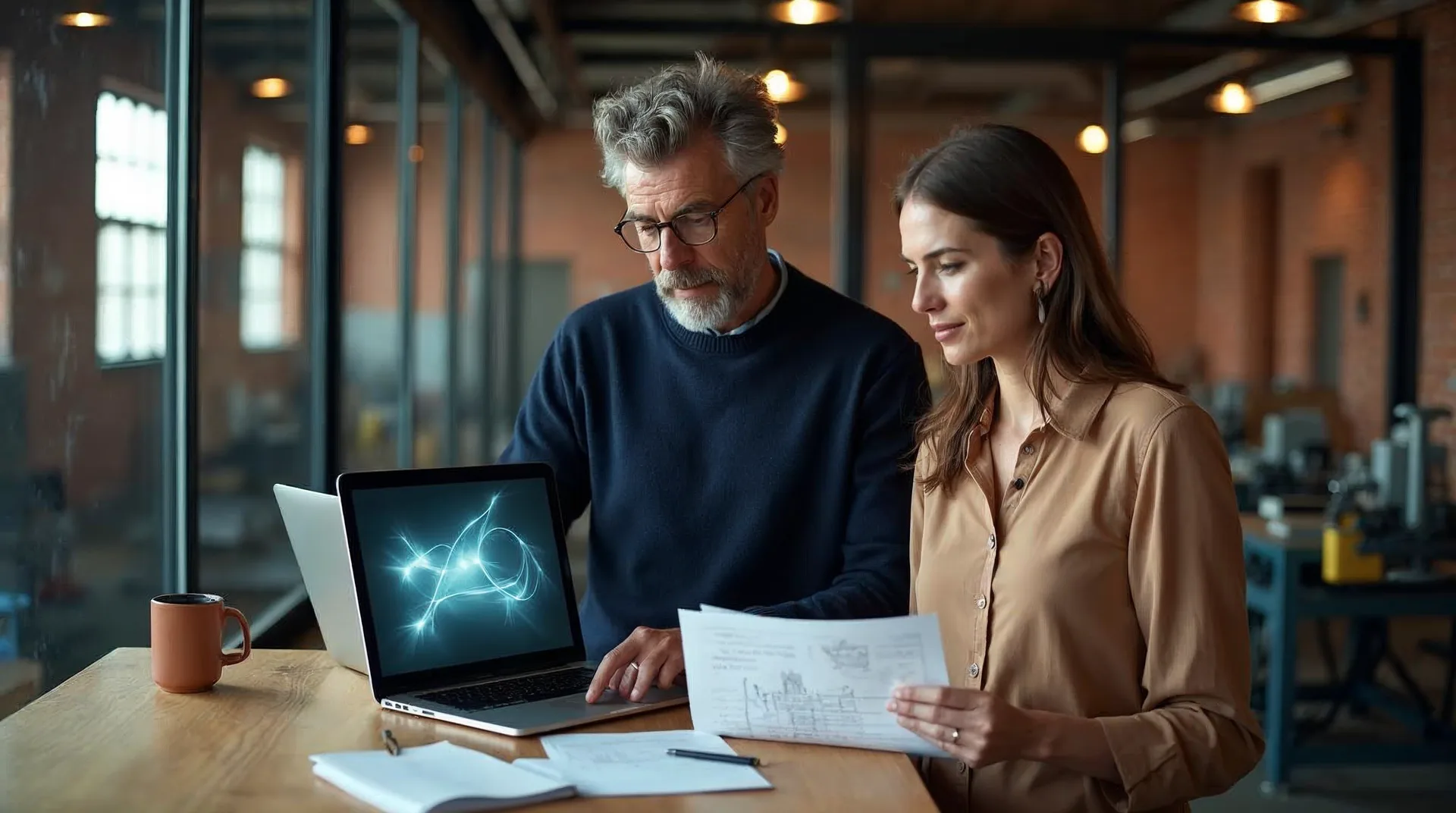 Inhaber eines mittelständischen Produktionsbetriebs und eine Teamleiterin besprechen am Eichenstehtisch über einer Backstein-Werkhalle einen Ablauf am Laptop – Sinnbild dafür, dass der Mittelstand bei KI in der Anwendung im eigenen Prozess gewinnt