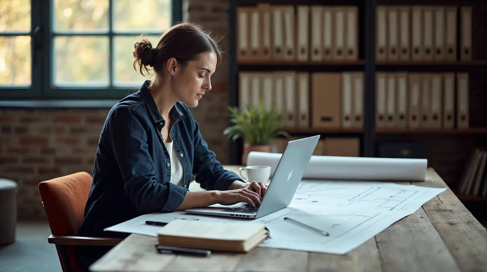 Architektin an einem großen Planungstisch in einem Büro in Norddeutschland, vor ihr ein ausgerollter Grundrissplan, Maßstab, Notizbuch und Laptop, dahinter unscharf Regale mit Projektordnern als Beispiel für KI im Architektur- und Ingenieurbüro