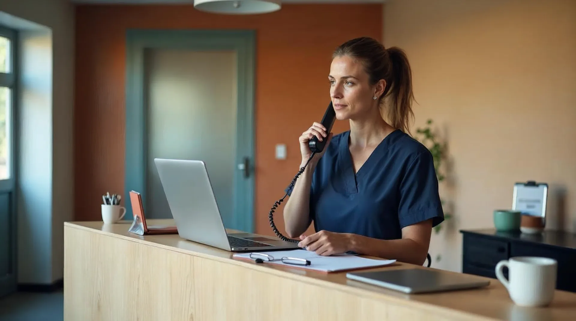 Medizinische Fachangestellte am Empfang einer ruhigen Arztpraxis in Norddeutschland mit Telefonhörer in der Hand, vor ihr Klemmbretter mit Anamnesebögen auf Papier als Beispiel für KI in der Arztpraxis