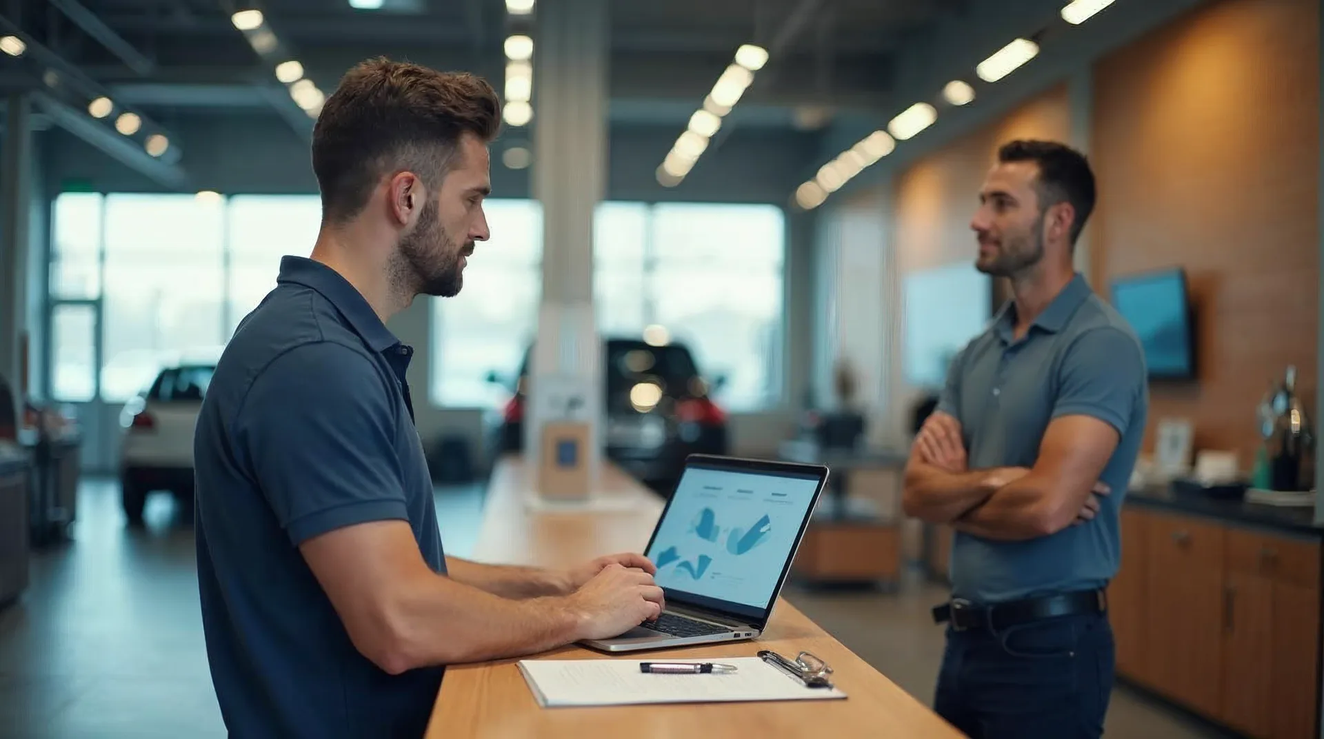 Serviceberater in der ruhigen Serviceannahme eines Autohauses in Norddeutschland prüft auf einem Laptop eine Übersicht, daneben ein Fahrzeugschlüssel und ein Klemmbrett, im Hintergrund eine helle Werkstatt als Beispiel für KI im Kfz-Betrieb