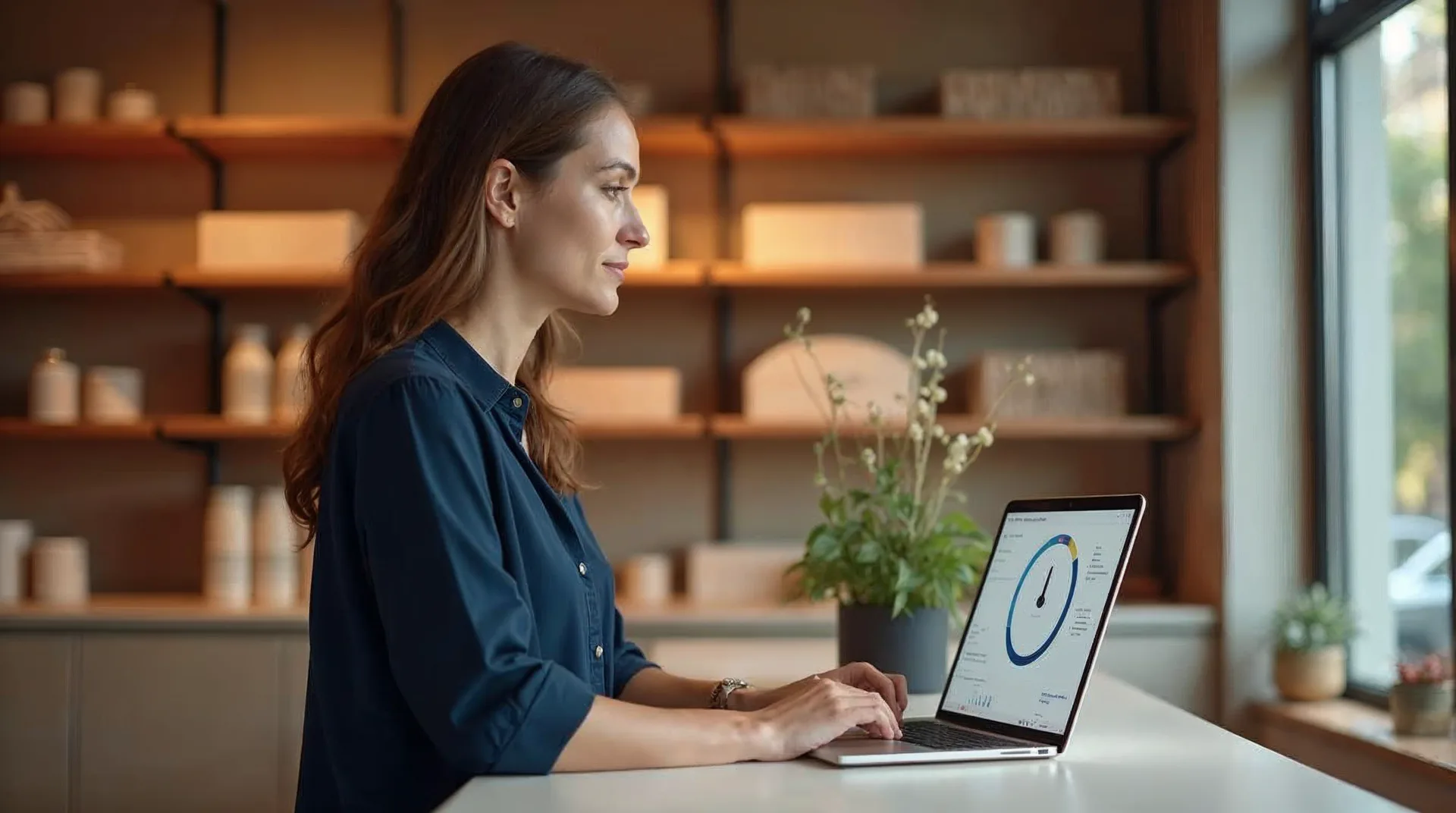 Einzelhändlerin am Verkaufstresen prüft auf einem Laptop eine ruhige Übersicht mit Beständen und Produkten als Beispiel für KI im Einzelhandel