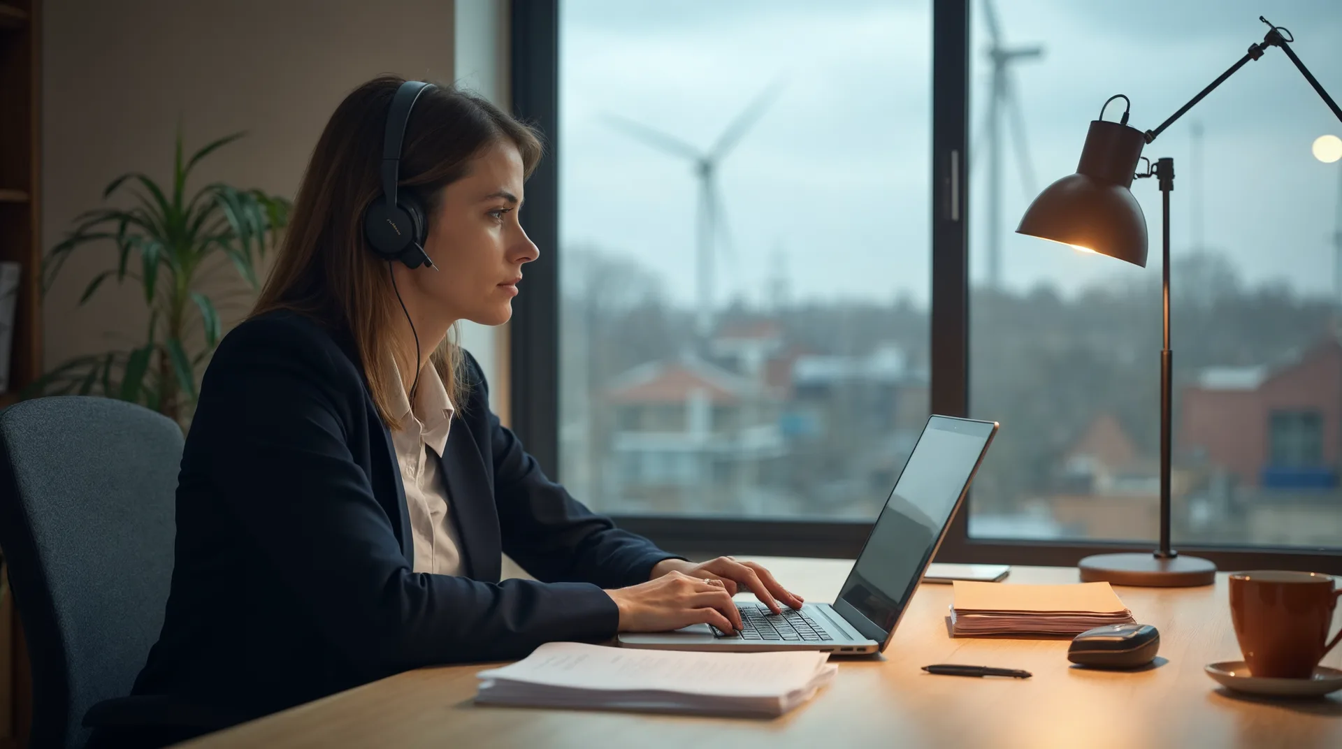 Kundenservice-Mitarbeiterin eines Stadtwerks in Norddeutschland mit Headset am Schreibtisch vor einem Laptop, daneben Briefe und eine Mappe, im Hintergrund unscharf eine Backsteinstadt und Windräder als Beispiel für KI bei Energieversorgern und Stadtwerken