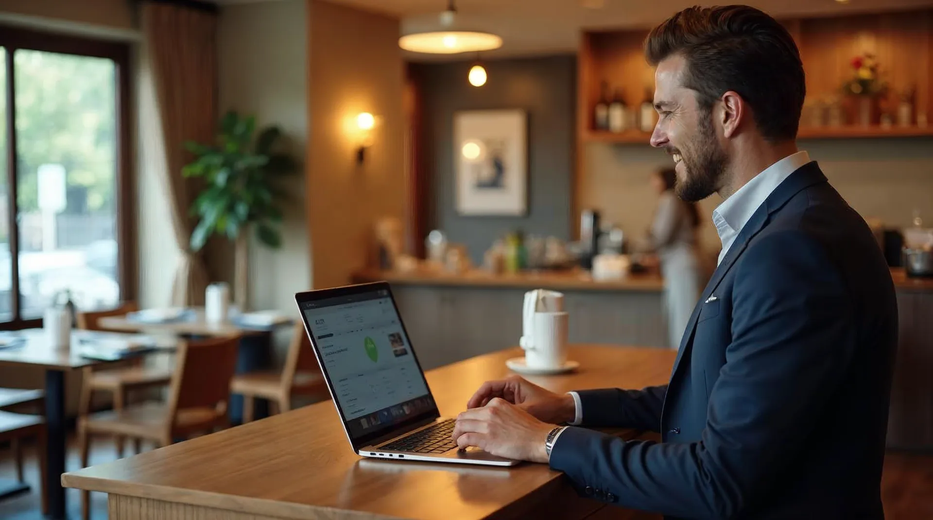 Gastgeber am hölzernen Empfangstresen eines Hotels prüft auf einem Laptop eine ruhige Übersicht mit Reservierungen und Gästenachrichten, im Hintergrund ein warmes Restaurant als Beispiel für KI im Gastgewerbe