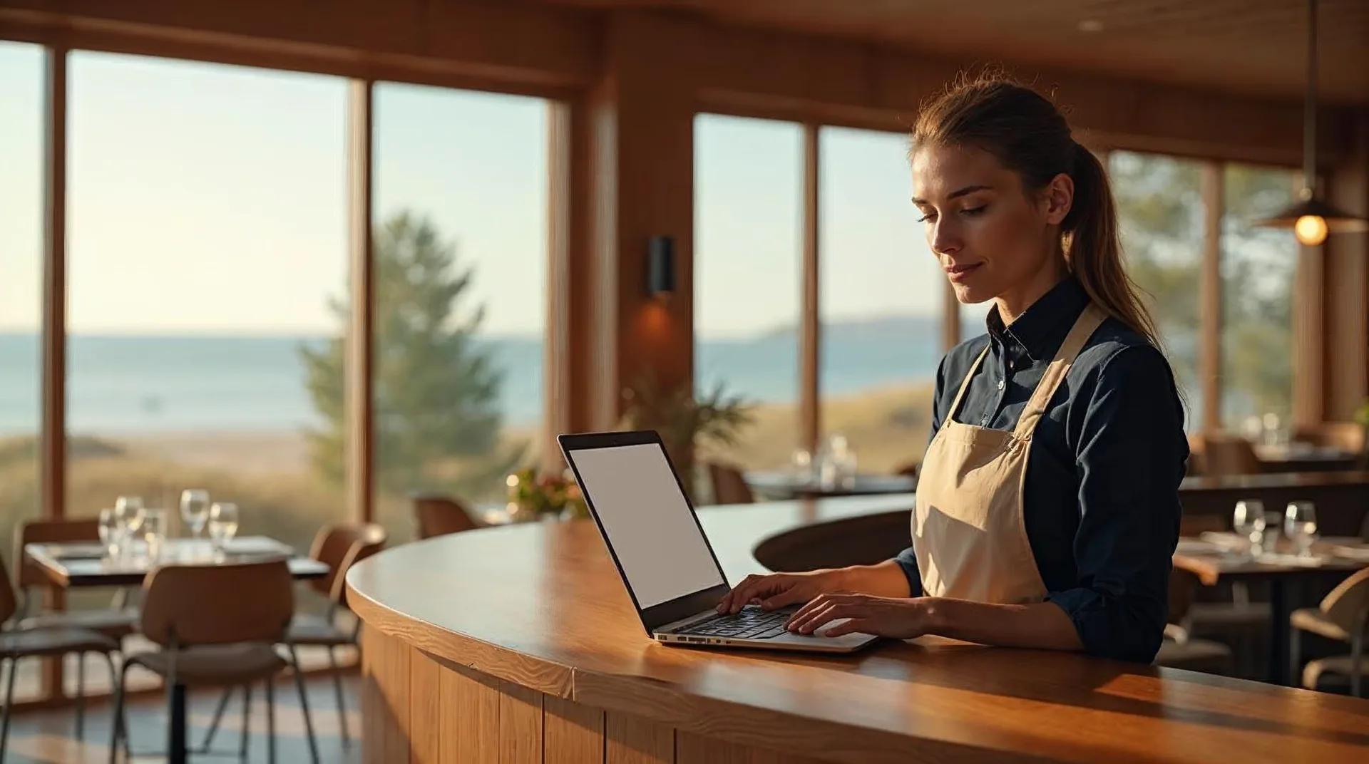 Gastgeber am hölzernen Empfangstresen eines Ostsee-Hotels prüft auf einem Laptop eine ruhige Übersicht mit Reservierungen und Gästenachrichten, im Hintergrund ein helles Restaurant und die Küstenlandschaft